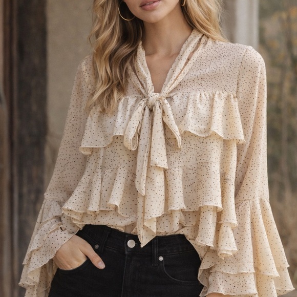 Rita Ora x Primark Cream Polka Dot Ruffle Blouse NWT – Romantic Bow Tie Top - Picture 3 of 8